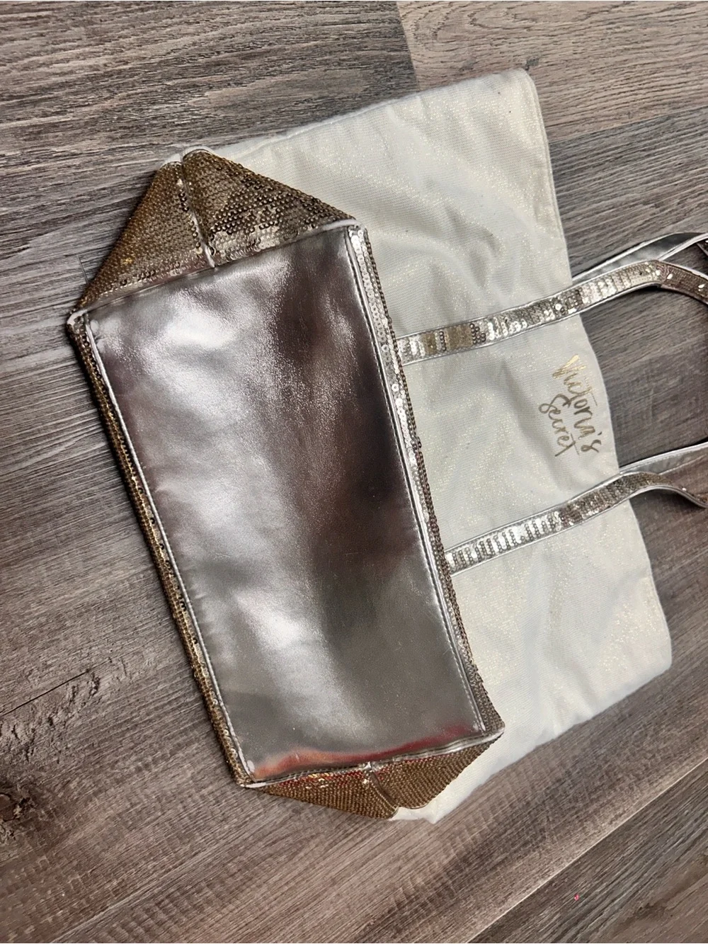 Victoria's Secret White and gold Metallic Tote Bag